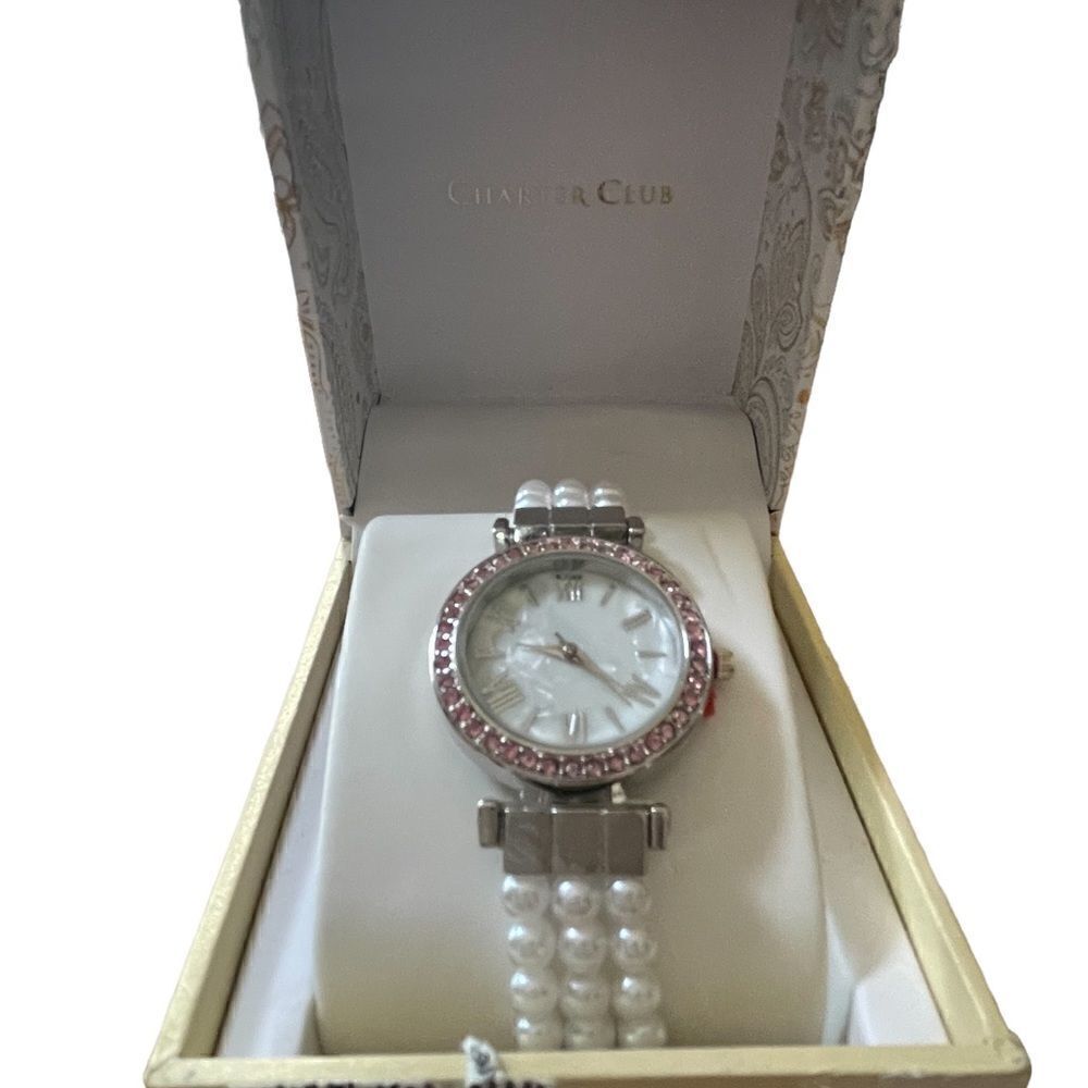 NIB Charter Club white dial pink crystals and pearl bracelet strap